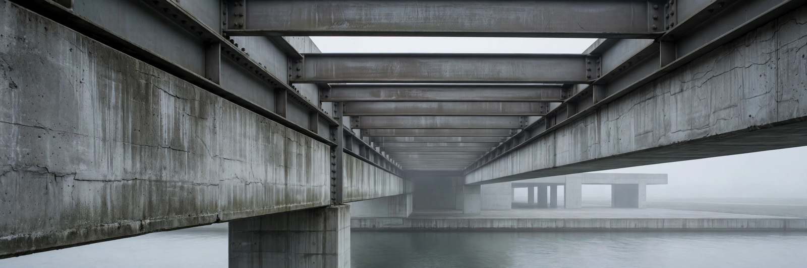 Concrete and steel infrastructure detail, desaturated